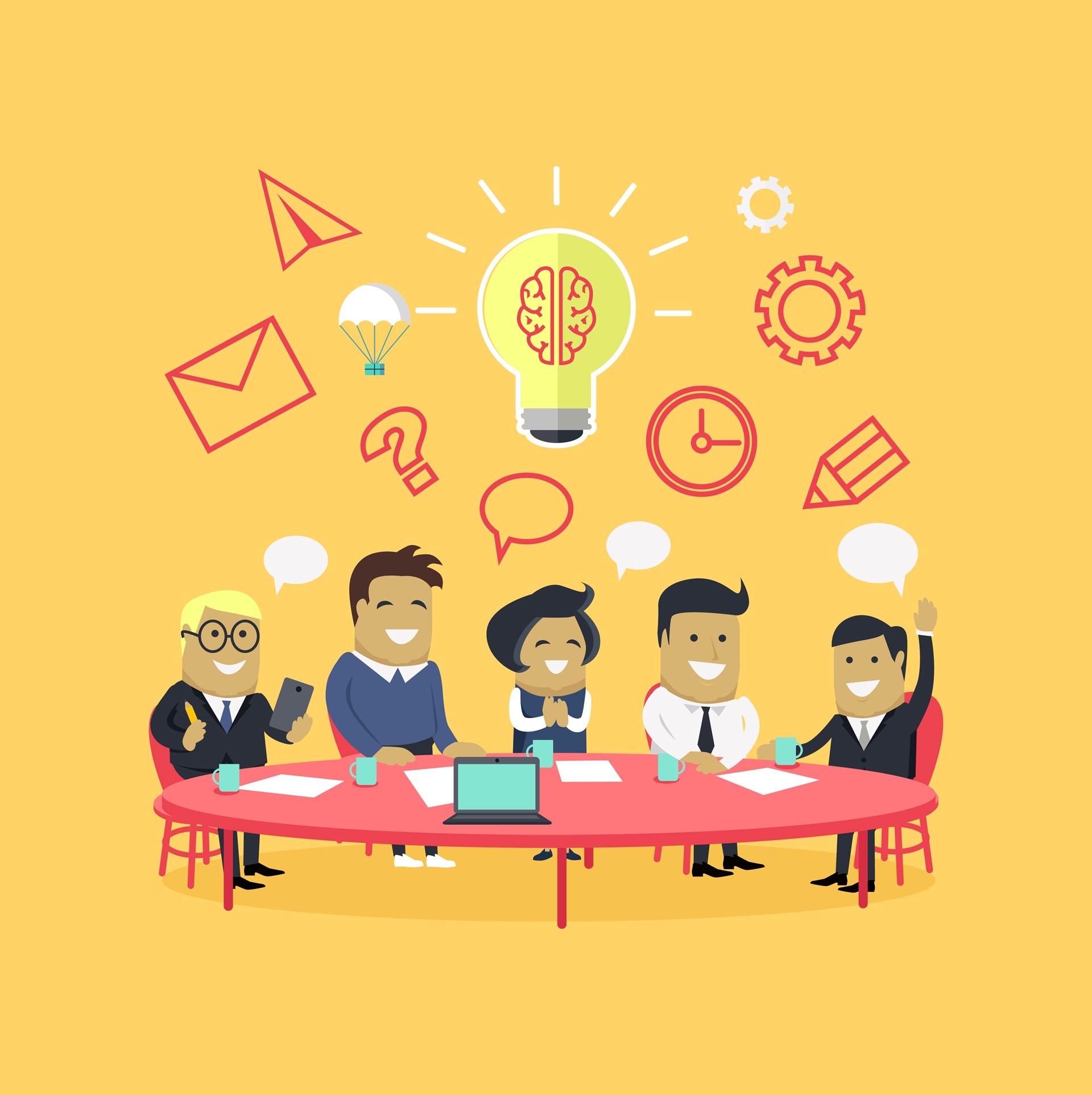Illustration som visar ett möte med fem personer som delar ideer